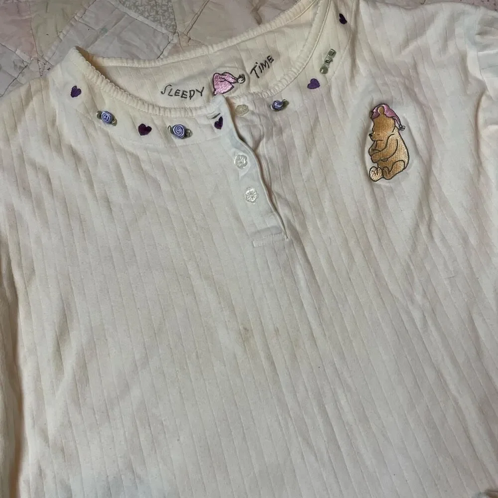 disney vintage 90s purple rosette embroidered cream winnie the pooh pajama set - Picture 3 of 8